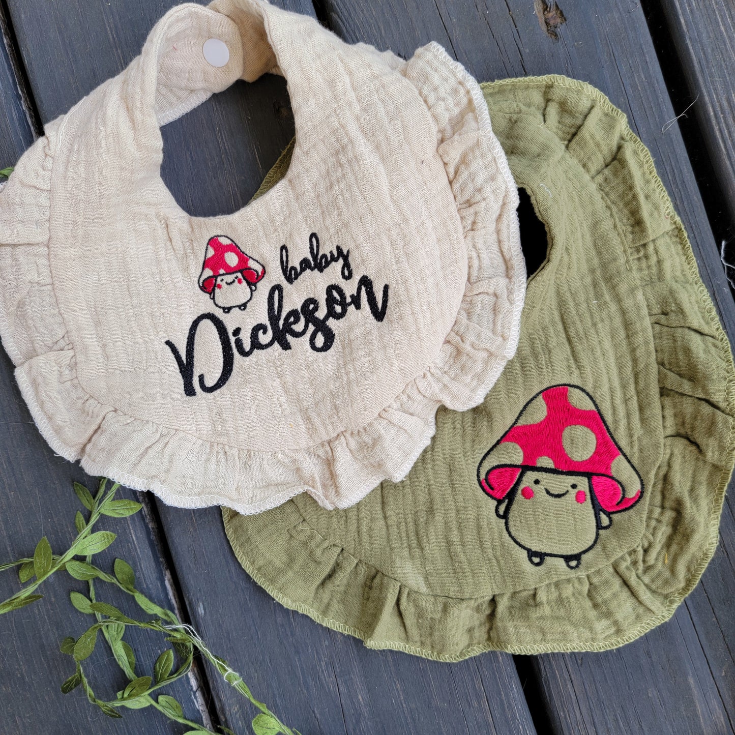 Two Custom Baby Bib - Happy Mushroom