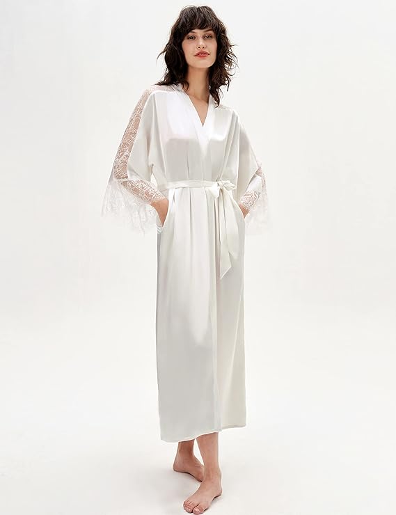 Long Kimono Satin Robe with Lace Trim