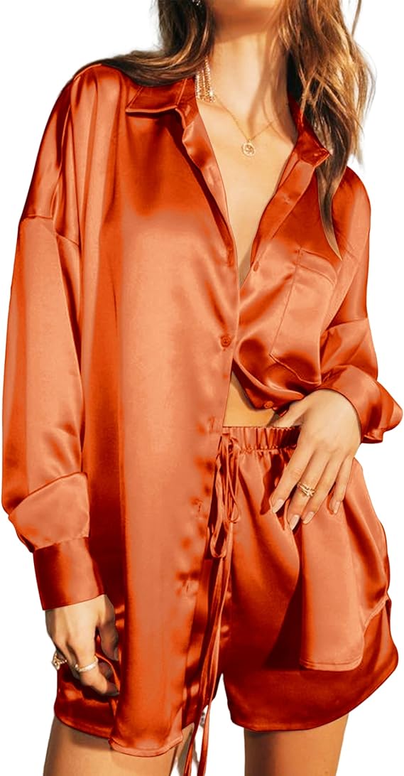 Long Sleeve Satin Button Down with Shorts