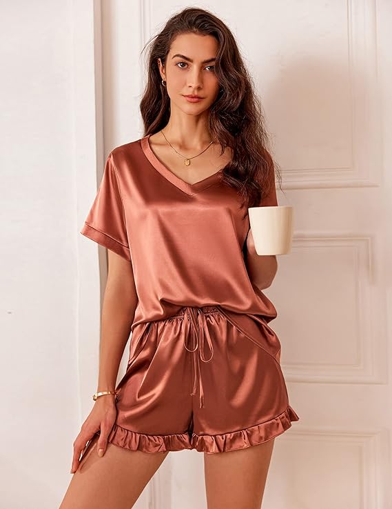 Short Sleeve Satin Top with Satin Ruffled Shorts