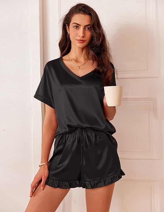 Short Sleeve Satin Top with Satin Ruffled Shorts