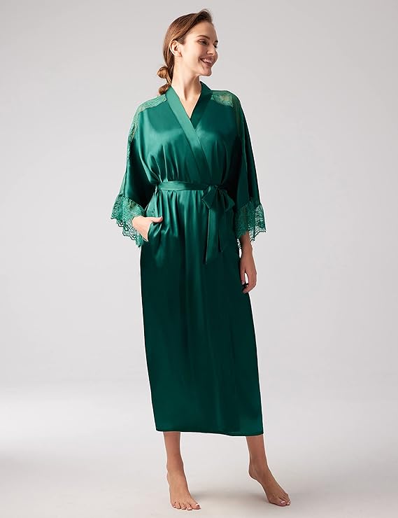 Long Kimono Satin Robe with Lace Trim