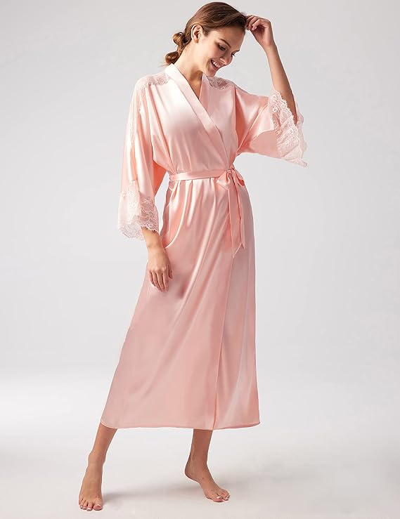 Long Kimono Satin Robe with Lace Trim