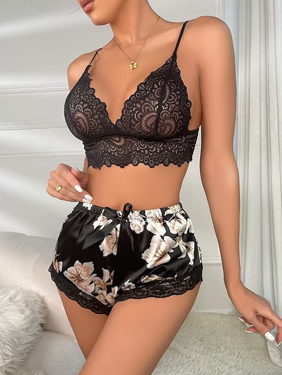 Lace Cami Top with Satin Shorts
