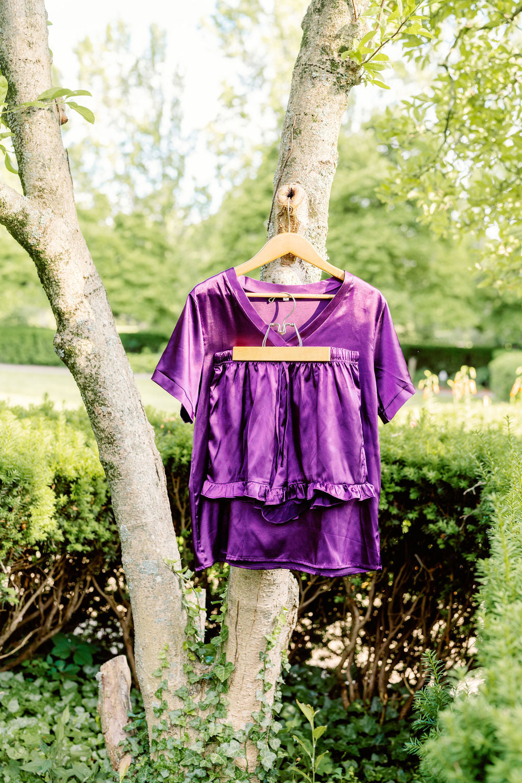 Short Sleeve Satin Top with Satin Ruffled Shorts