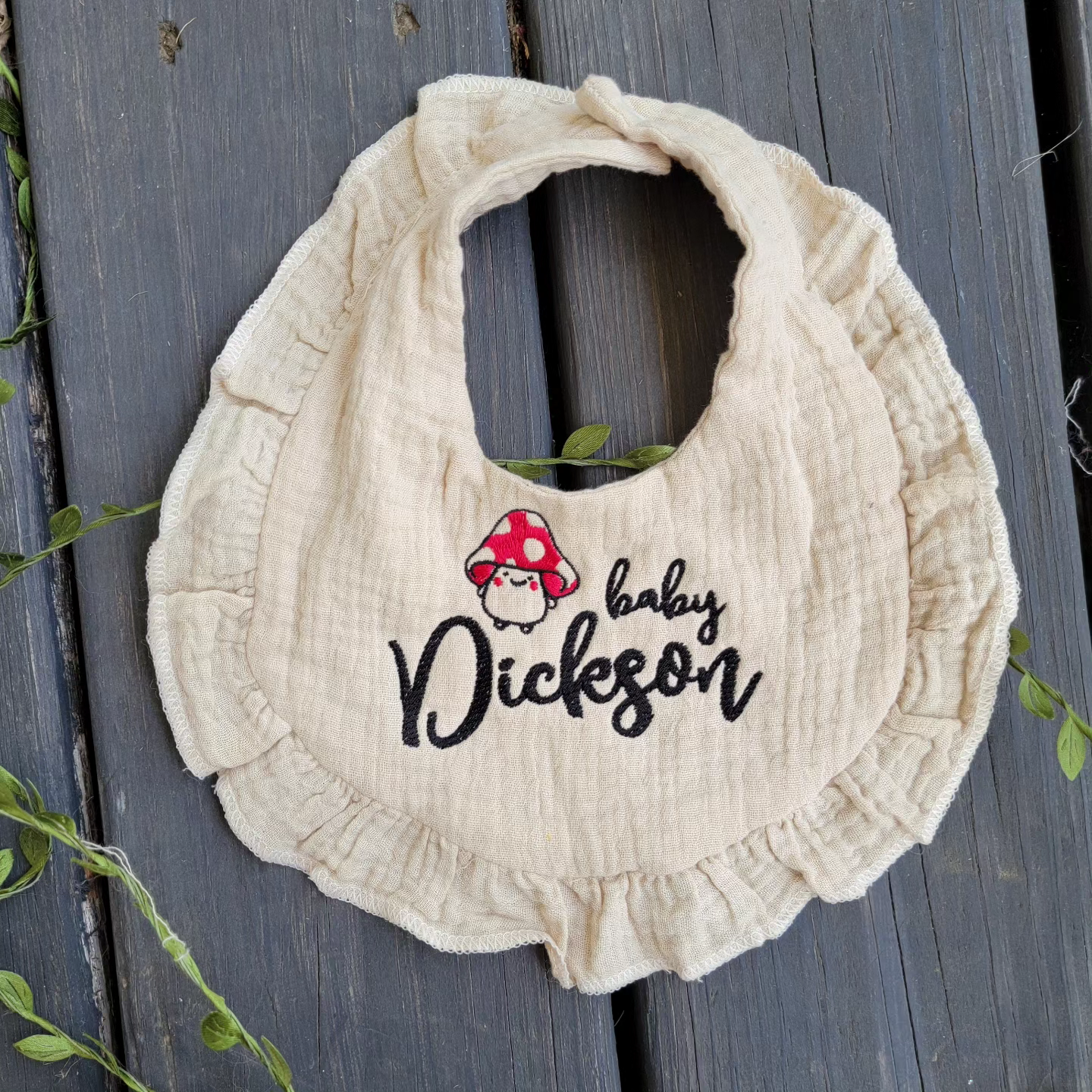 Two Custom Baby Bib - Happy Mushroom