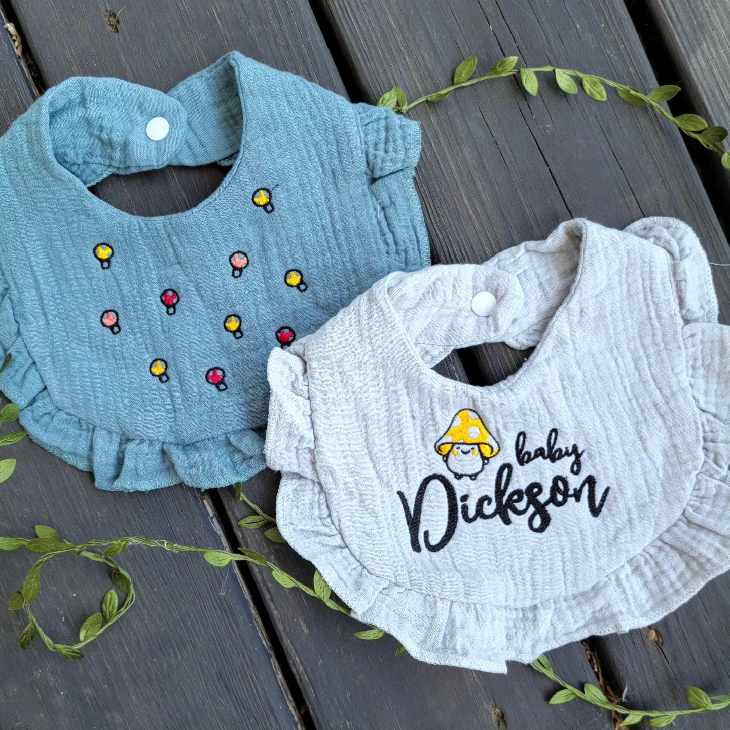 Two Custom Baby Bib - Happy Mushroom