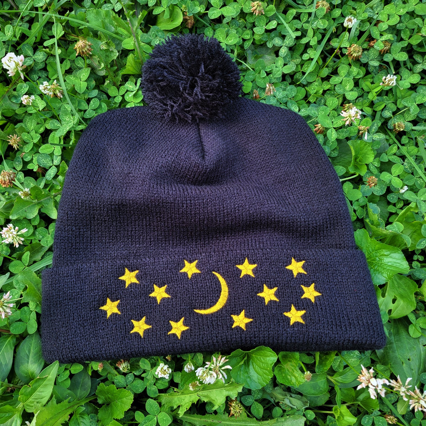 Golden Crescent Moon and Stars - Solid Black Pom Pom Beanie