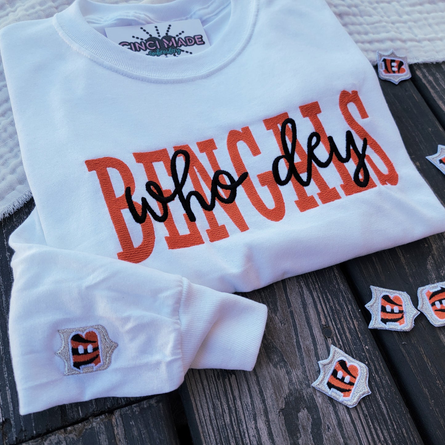 Bengals Long Sleeve T-Shirt - Who Dey Script with the Ben-Gal Cheerleaders Silver B Patch