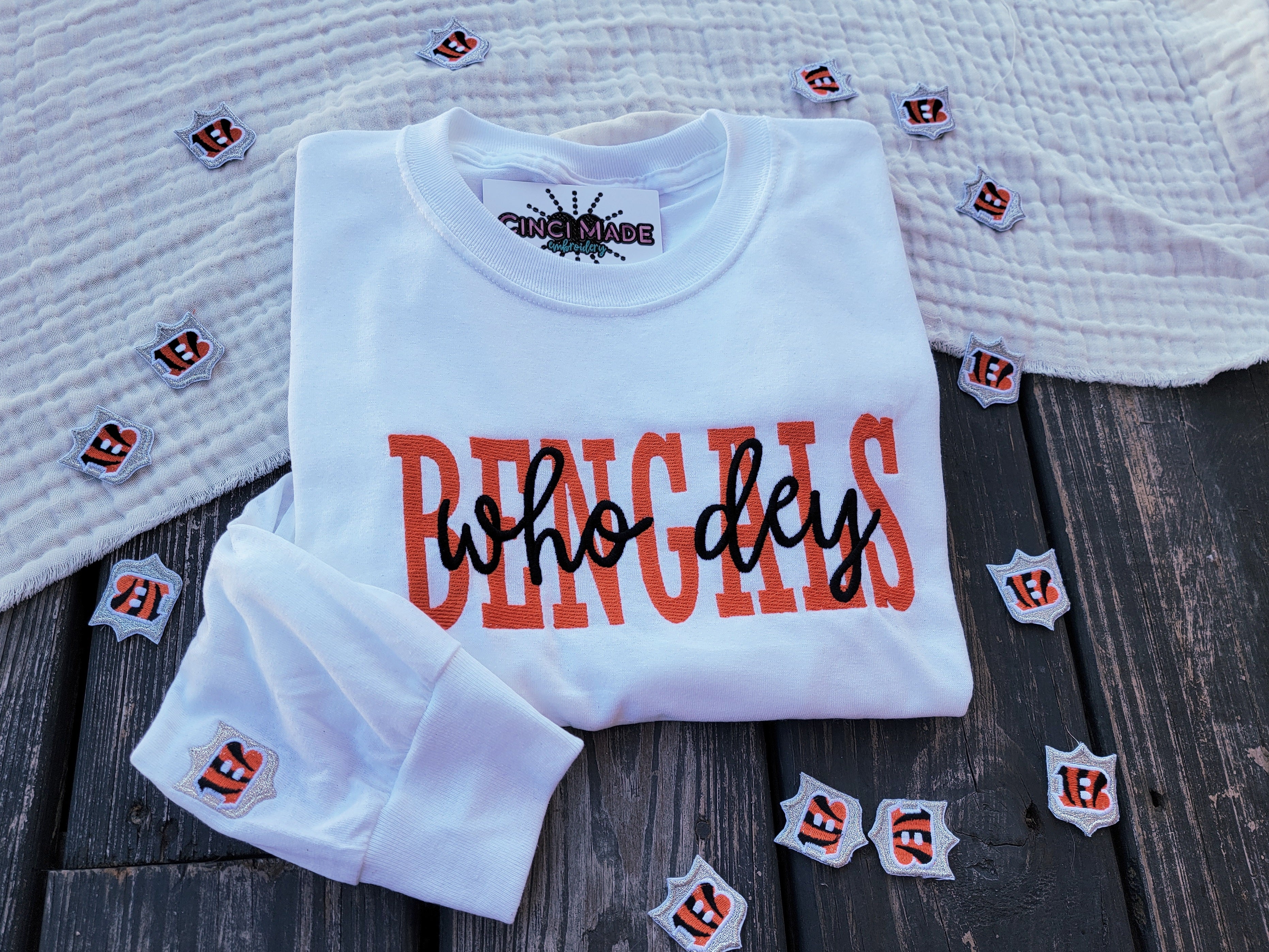 Cinci Made Embroidery Bengals Long Sleeve T-Shirt - Who Dey Script with The Ben-Gal Cheerleaders Silver B Patch 2XLarge / White