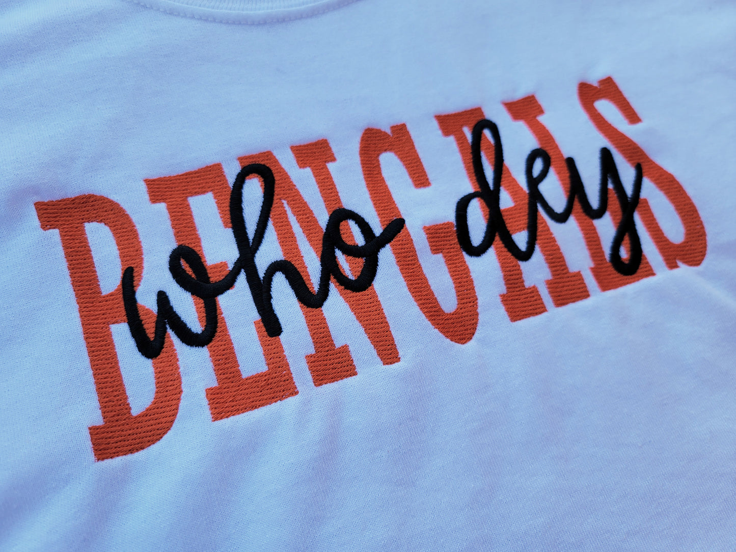 Bengals T-Shirt - Who Dey Script with the Ben-Gal Cheerleaders Silver B Patch