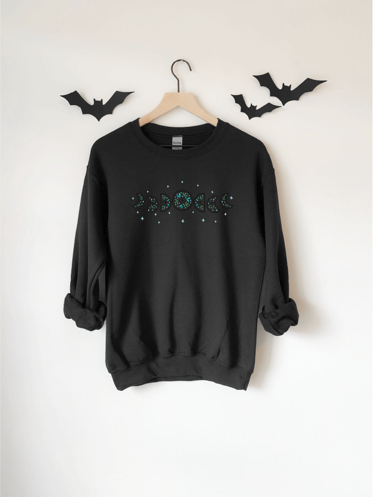 Floral Moon Phases - Embroidered Black Crewneck Sweatshirt