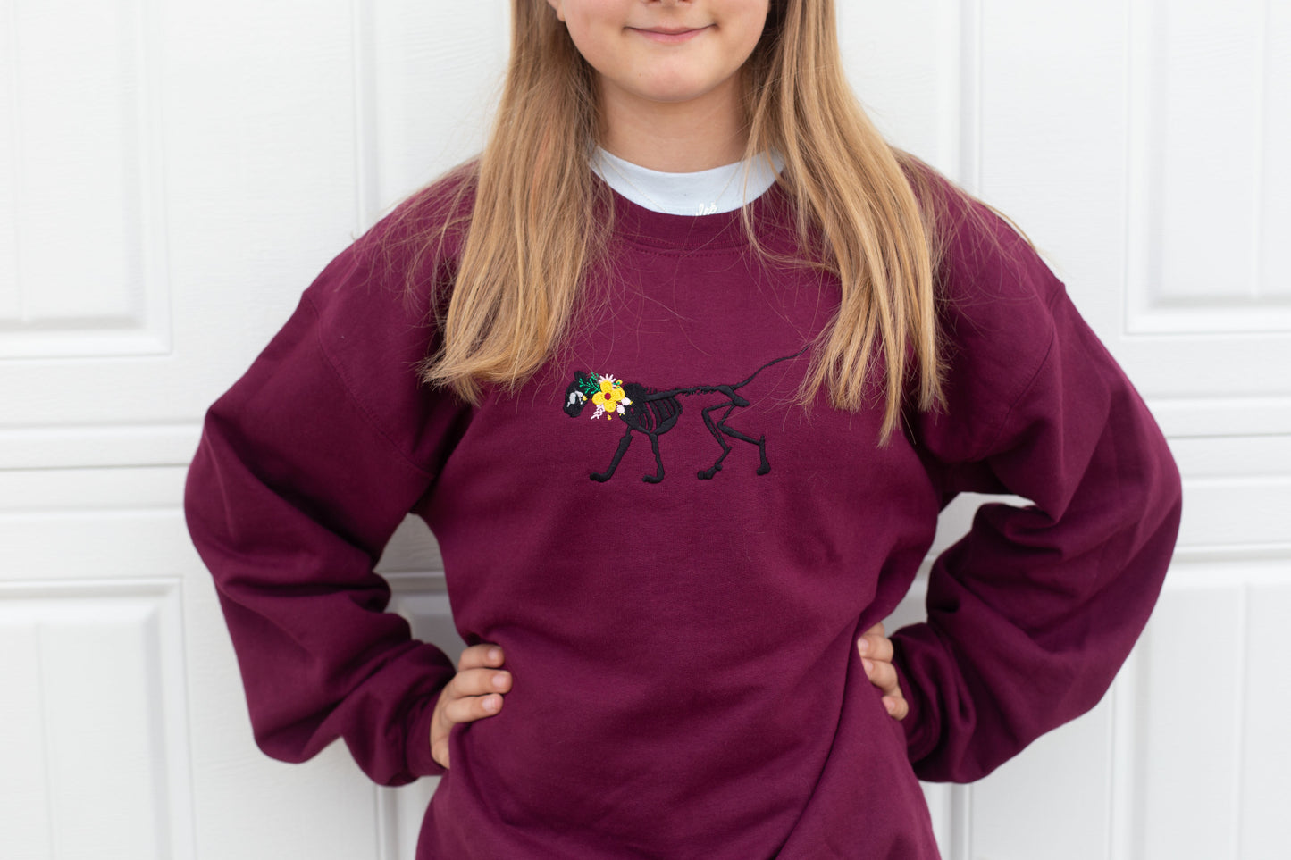 Kids Skelly Cat - Embroidered Maroon Crewneck Sweatshirt