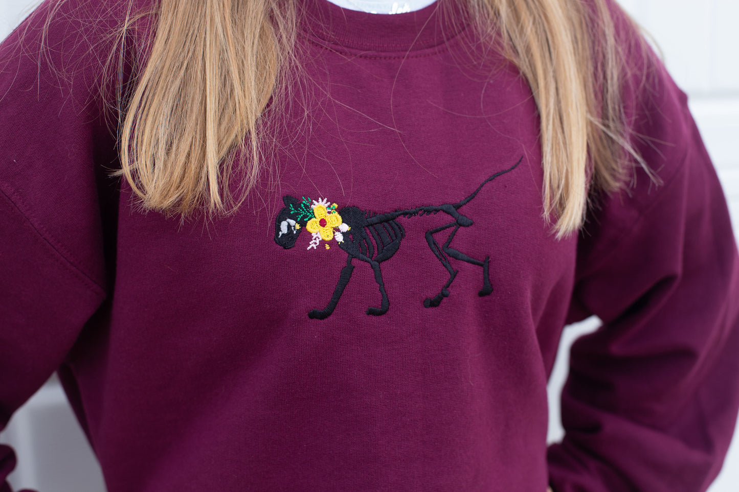 Kids Skelly Cat - Embroidered Maroon Crewneck Sweatshirt