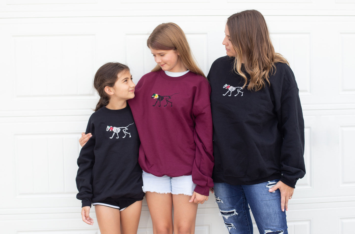 Kids Skelly Cat - Embroidered Maroon Crewneck Sweatshirt