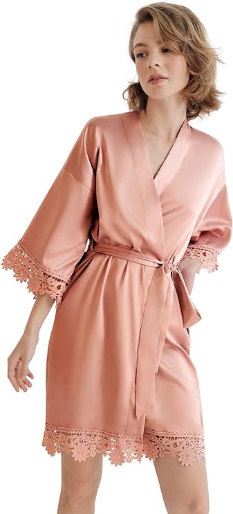 Short Lace Trimmed Satin Robe