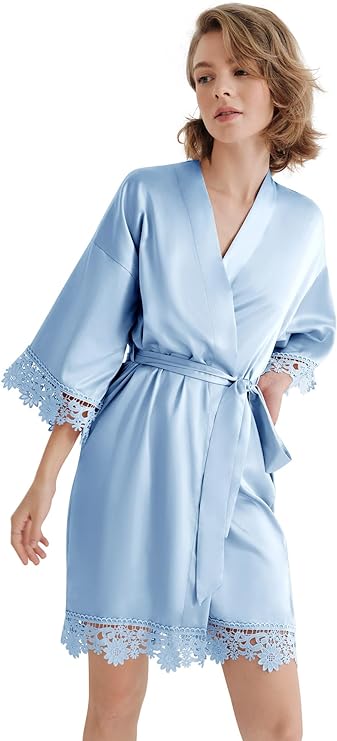 Short Lace Trimmed Satin Robe