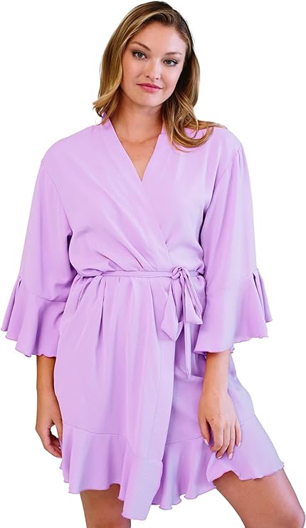 Kimono Style Stain Robe with 3/4 Bell Sleeves and Ruffle Trim