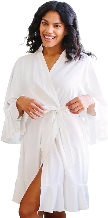 Kimono Style Stain Robe with 3/4 Bell Sleeves and Ruffle Trim