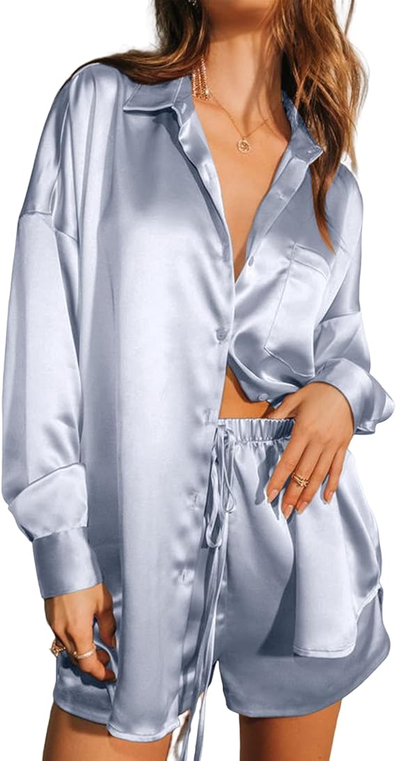 Long Sleeve Satin Button Down with Shorts