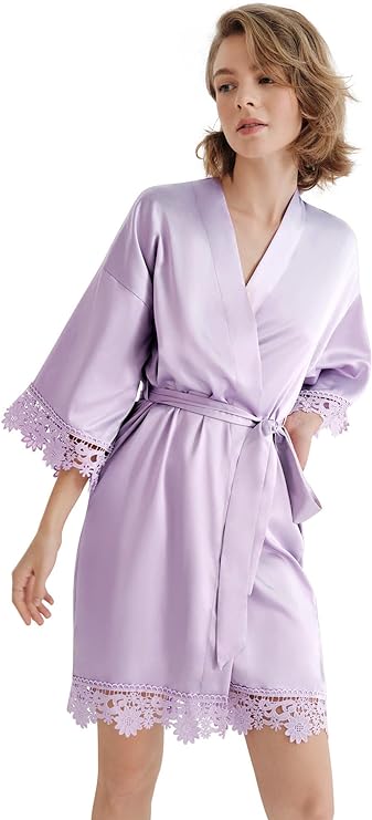 Short Lace Trimmed Satin Robe