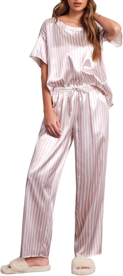 Short Sleeve Satin Top with Pocket and Long Drawstring Satin Pants