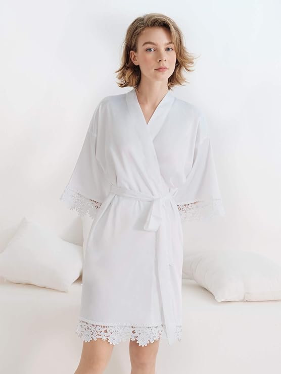 Short Lace Trimmed Satin Robe