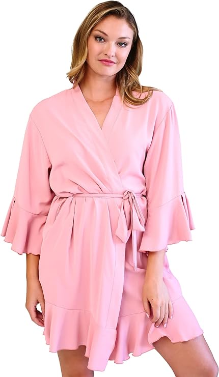 Kimono Style Stain Robe with 3/4 Bell Sleeves and Ruffle Trim