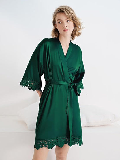 Short Lace Trimmed Satin Robe