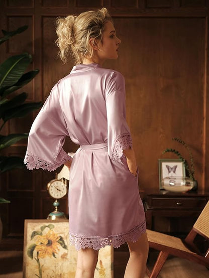 Short Lace Trimmed Satin Robe