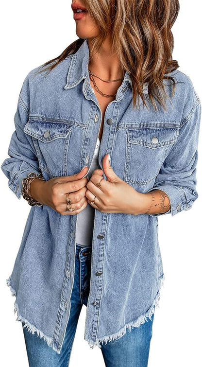 Oversized Button Up Frayed Hem Denim Jacket