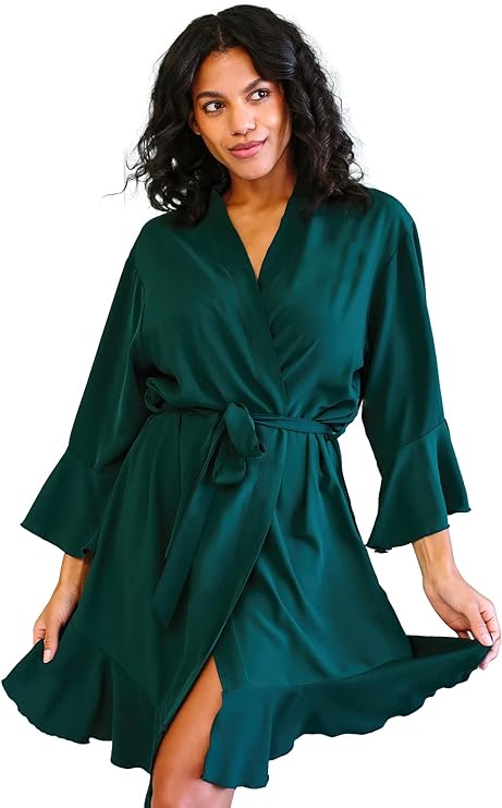 Kimono Style Stain Robe with 3/4 Bell Sleeves and Ruffle Trim