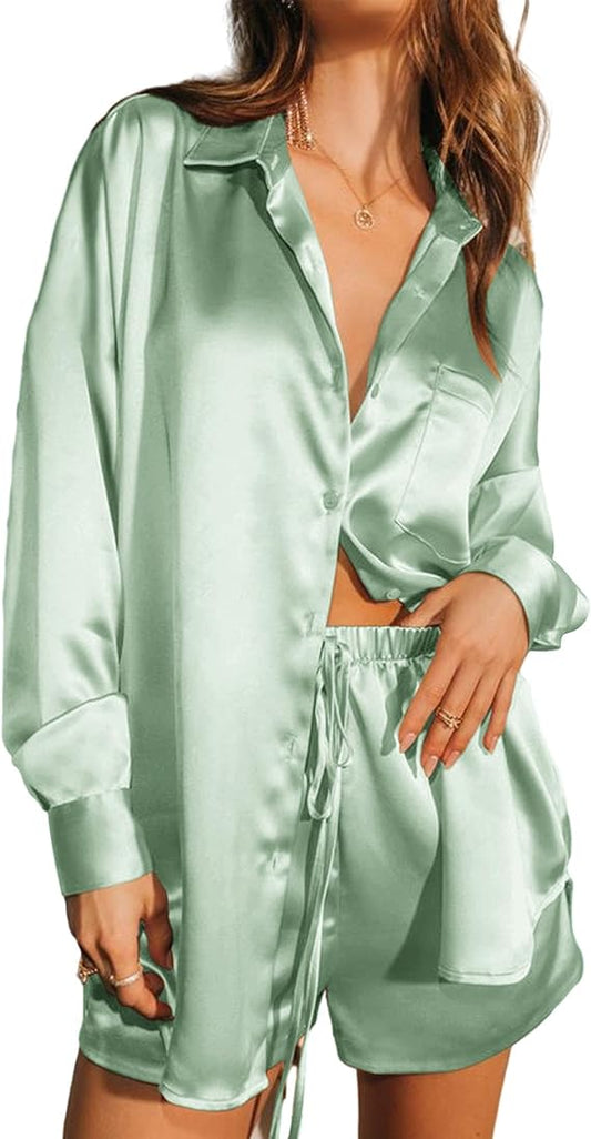 Long Sleeve Satin Button Down with Shorts