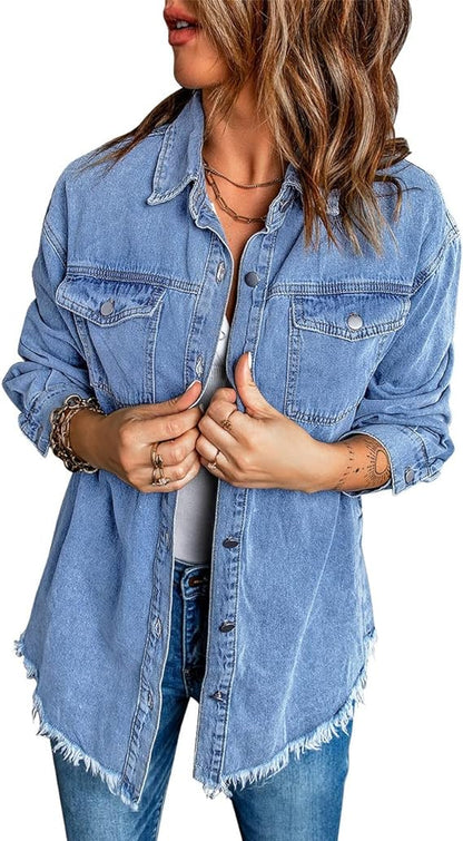 Oversized Button Up Frayed Hem Denim Jacket