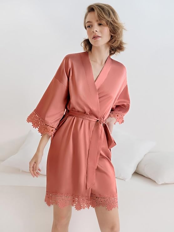 Short Lace Trimmed Satin Robe