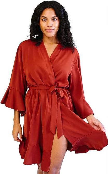 Kimono Style Stain Robe with 3/4 Bell Sleeves and Ruffle Trim