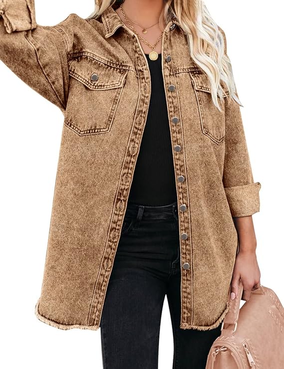 Oversized Button Up Frayed Hem Denim Jacket