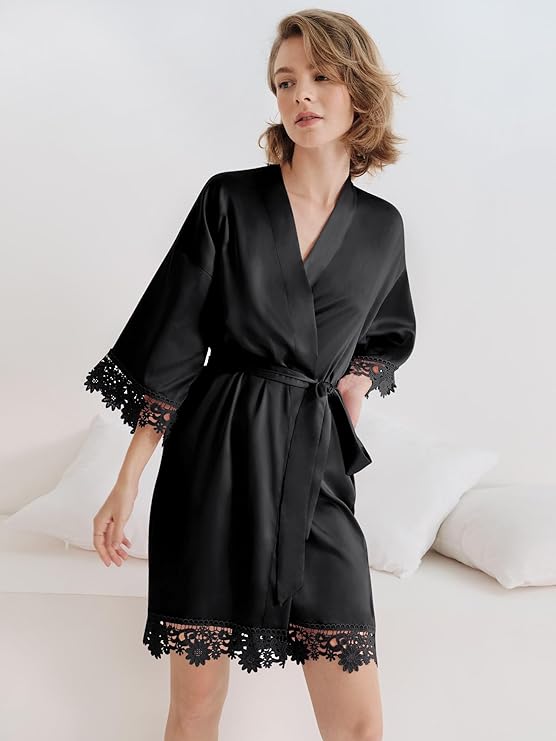 Short Lace Trimmed Satin Robe