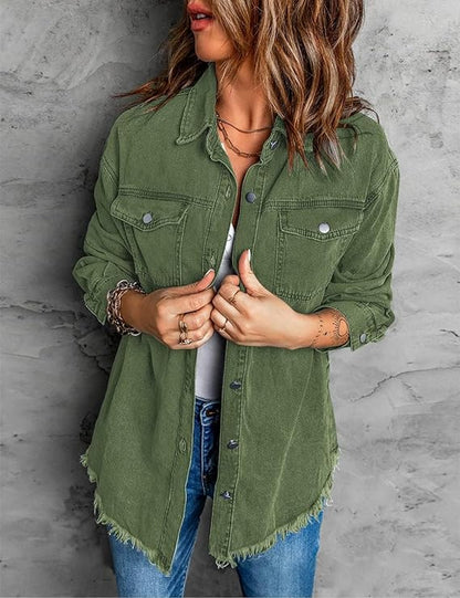 Oversized Button Up Frayed Hem Denim Jacket