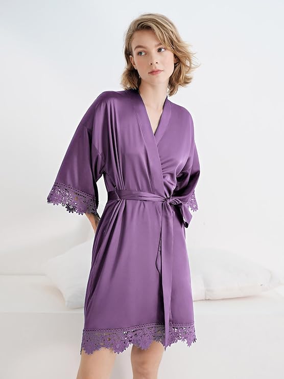 Short Lace Trimmed Satin Robe