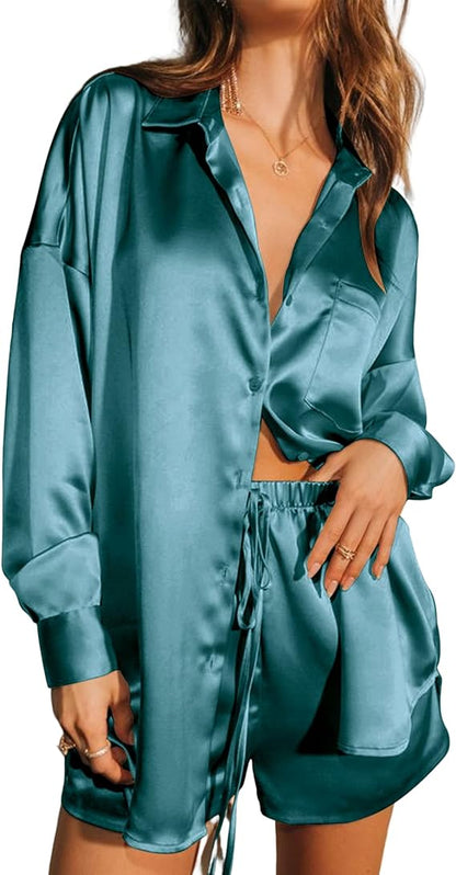 Long Sleeve Satin Button Down with Shorts