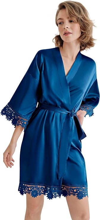 Short Lace Trimmed Satin Robe