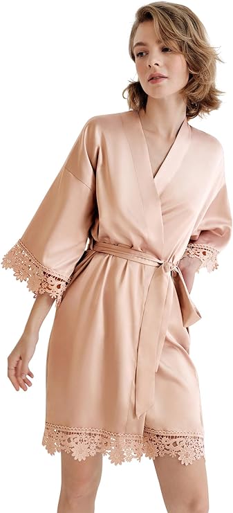 Short Lace Trimmed Satin Robe