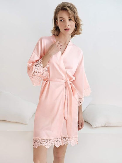 Short Lace Trimmed Satin Robe