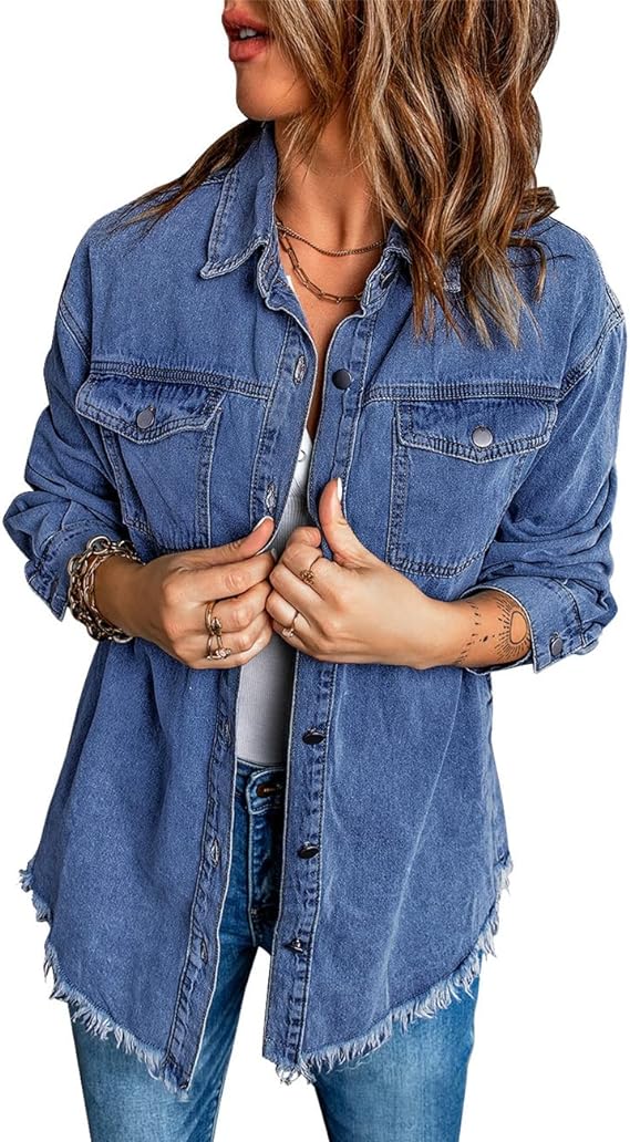 Oversized Button Up Frayed Hem Denim Jacket