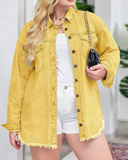 Oversized Button Up Frayed Hem Denim Jacket