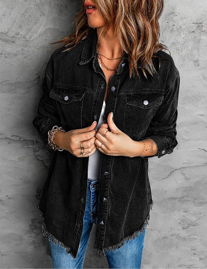 Oversized Button Up Frayed Hem Denim Jacket