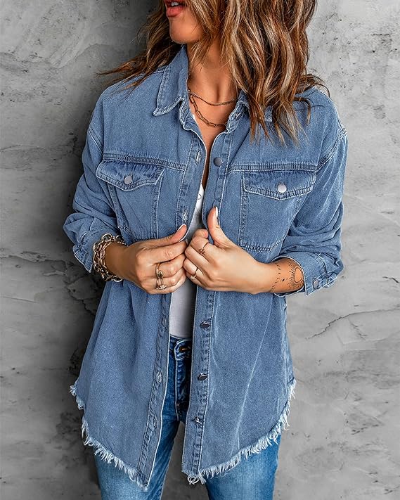 Oversized Button Up Frayed Hem Denim Jacket