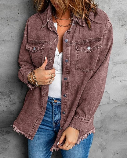 Oversized Button Up Frayed Hem Denim Jacket