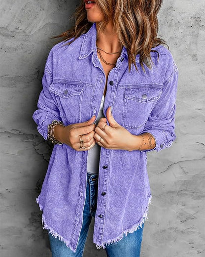 Oversized Button Up Frayed Hem Denim Jacket